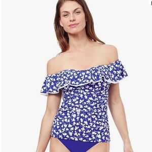 Profile by Gottex Tankini Off the Shoulde Blue and White Print
14